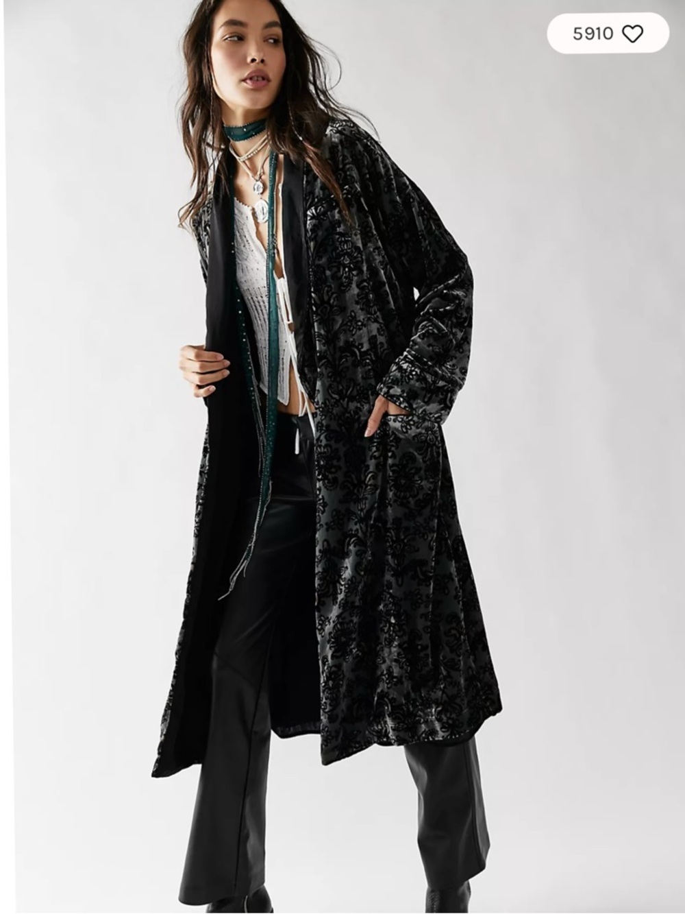 Free People Velvet Burnout Duster Black Boho Long Kimono Jacket Festival Coat XS